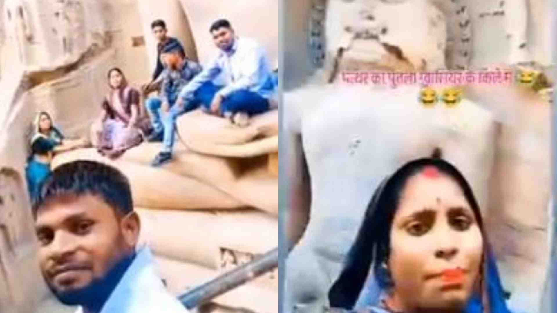 ग्वालियर किले में जैन प्रतिमाओं के साथ अभद्रता करते लोग।