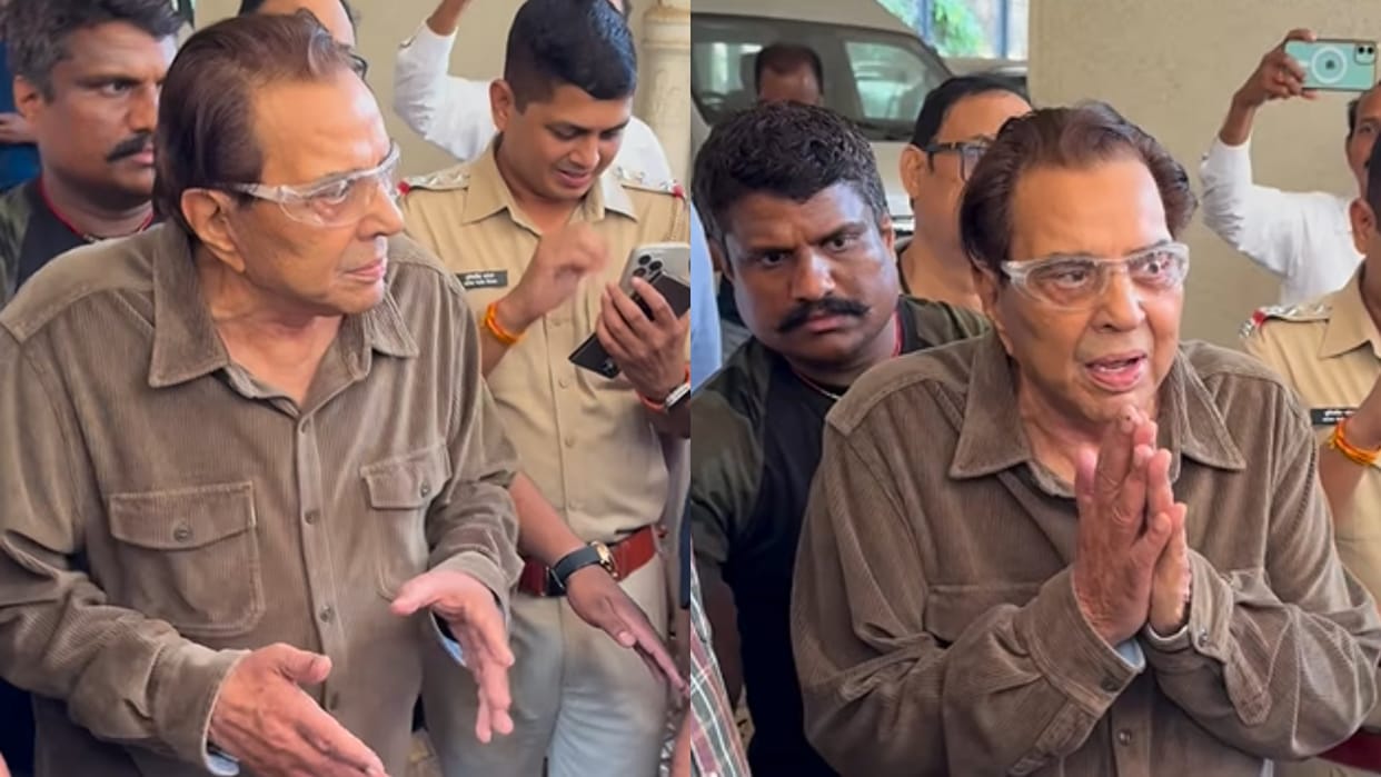 Dharmendra requested to paparazzi for space while returning from manoj kumar house last rite Video Viral