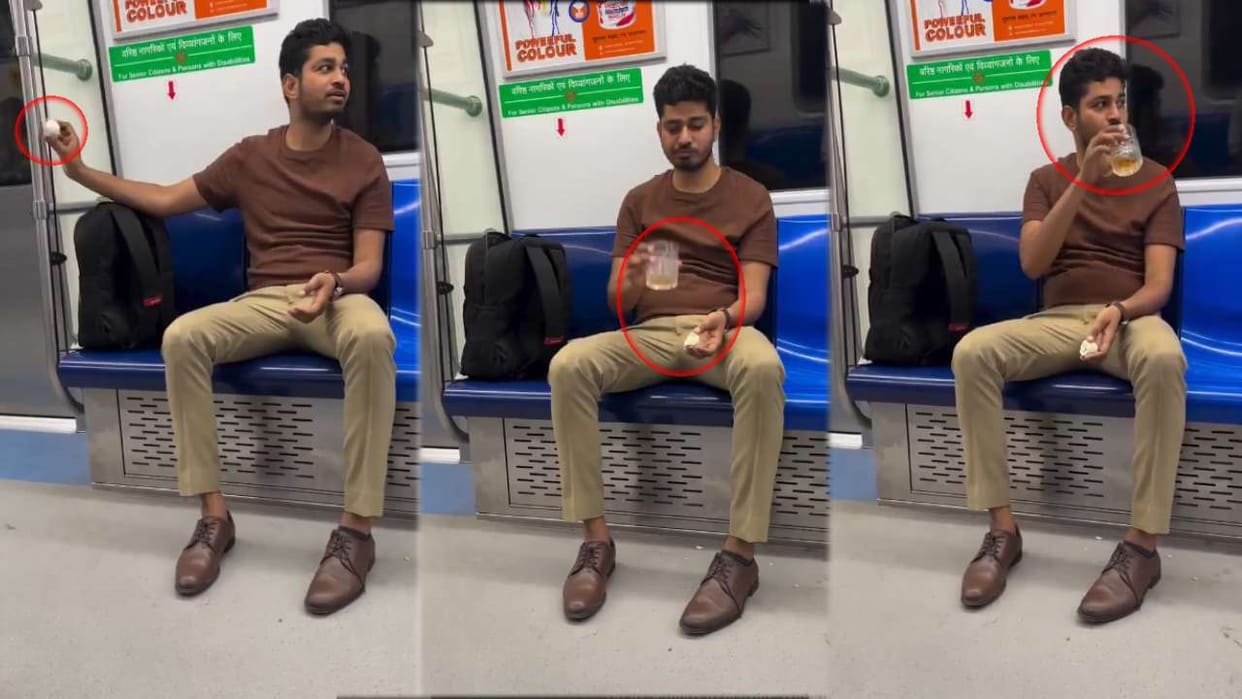 man was seen drinking alcohol and eating eggs in Delhi Metro