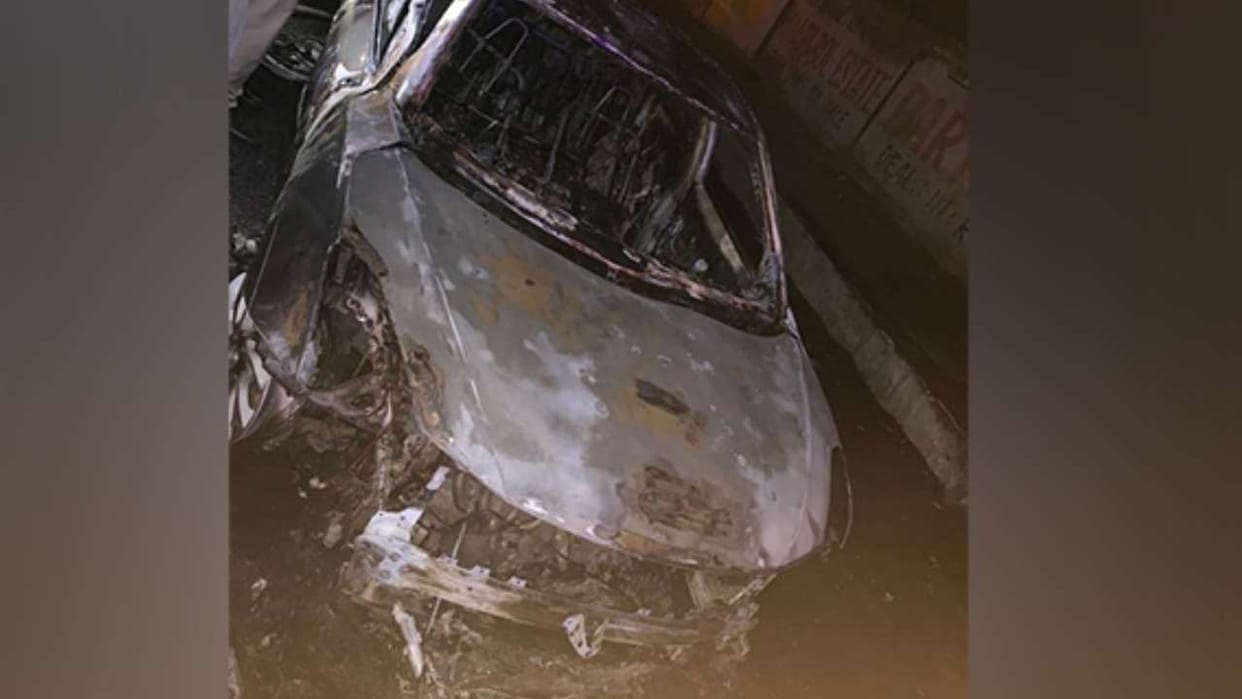 A car caught fire at midnight on Najafgarh-Bijravasan Road
