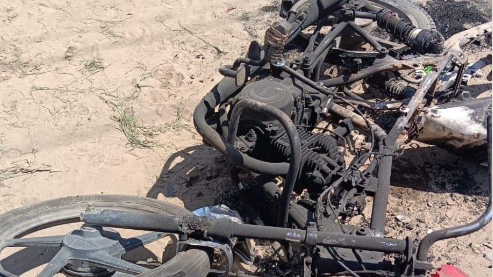 goons attacked family burnt bike dragged the elderly woman by her hair and beat her up
