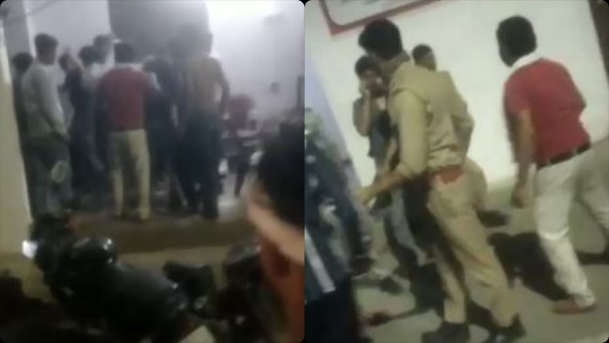 Bullies entered the police chowki  and beat up father and son video goes viral in Bareilly
