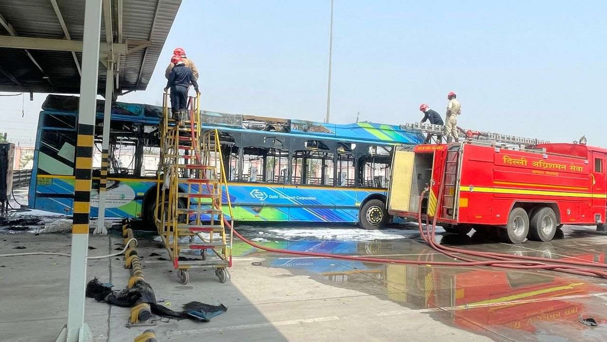 electric bus parked ate Rohini DTC depot caught fire