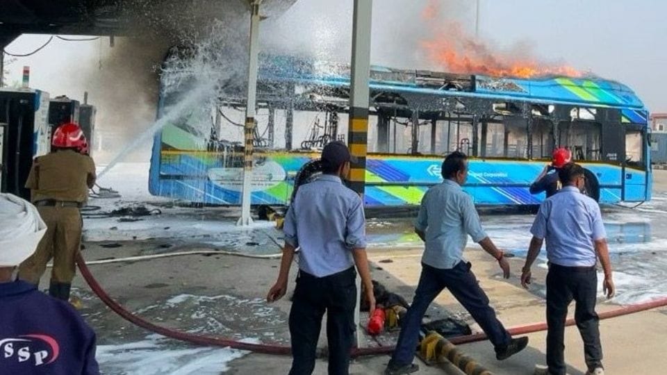 A DTC electric bus parked at a charging point in Delhi caught fire