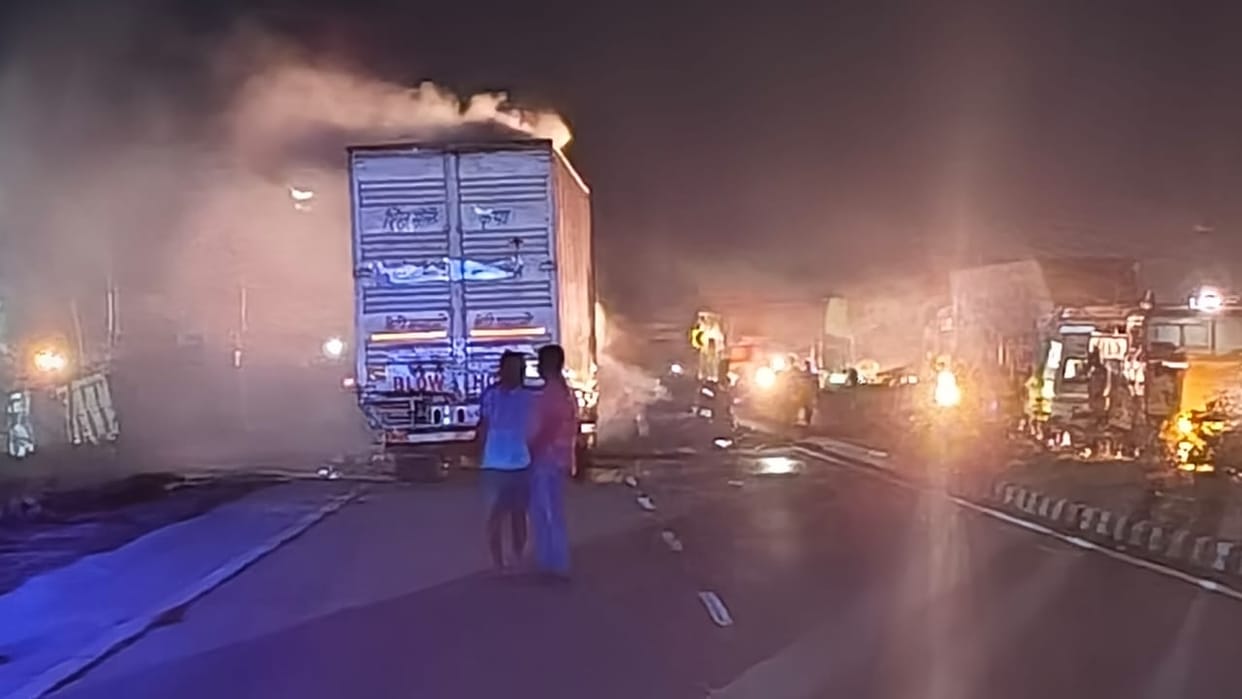Container collided with another container one caught fire driver got 50 percent burnt referred to Saifai