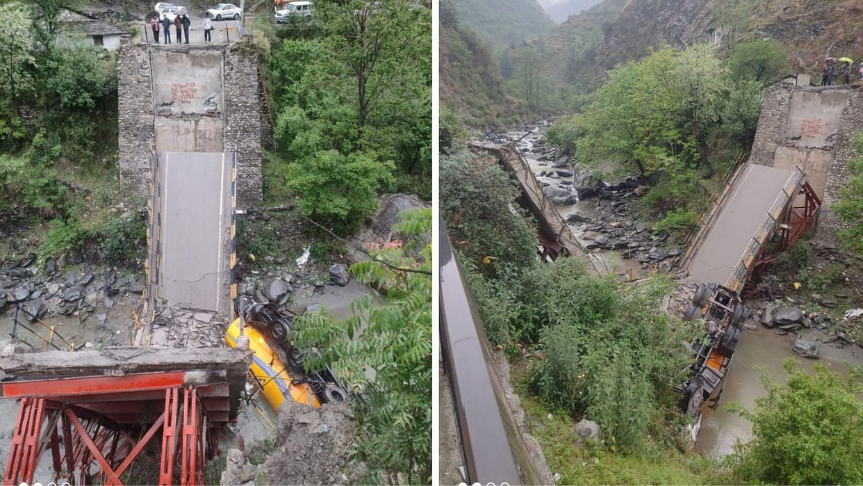 himachal pradesh kullu nh 305 mangalore bridge collapses one person injured
