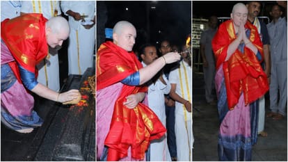 तिरुमाला मंदिर में मन्नत पूरी करने के बाद पूजा अर्जना करतीं पवन कल्याण की पत्नी अन्ना कोनिडेला