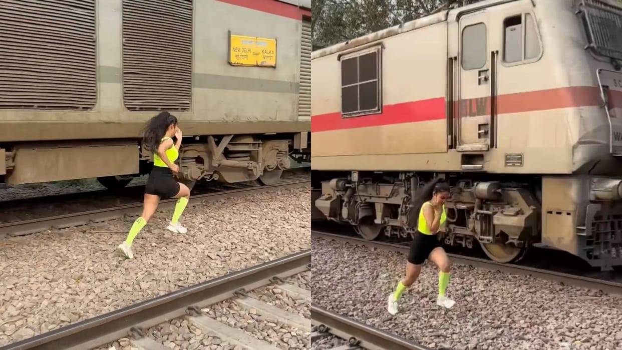 Fitness influencer seen racing with a train on the railway track Video goes viral On Internet in Hindi