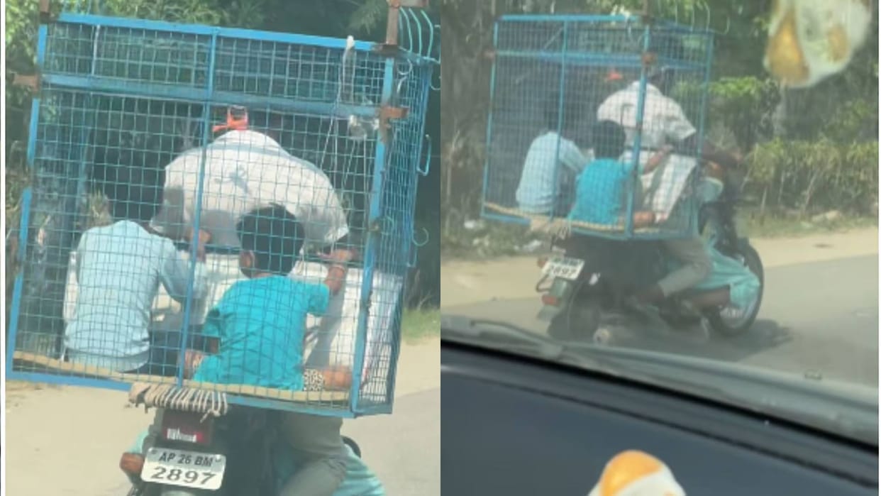 Father rides bike with kids in a chicken cage Video goes viral On Internet see netizens reaction