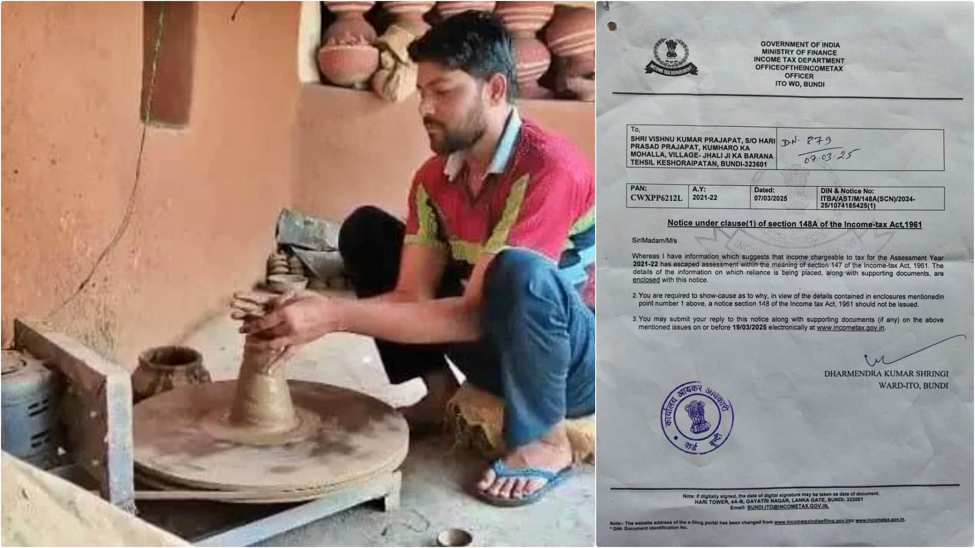 कुम्हार को आयकर विभाग ने भेजा दस करोड़ का नोटिस