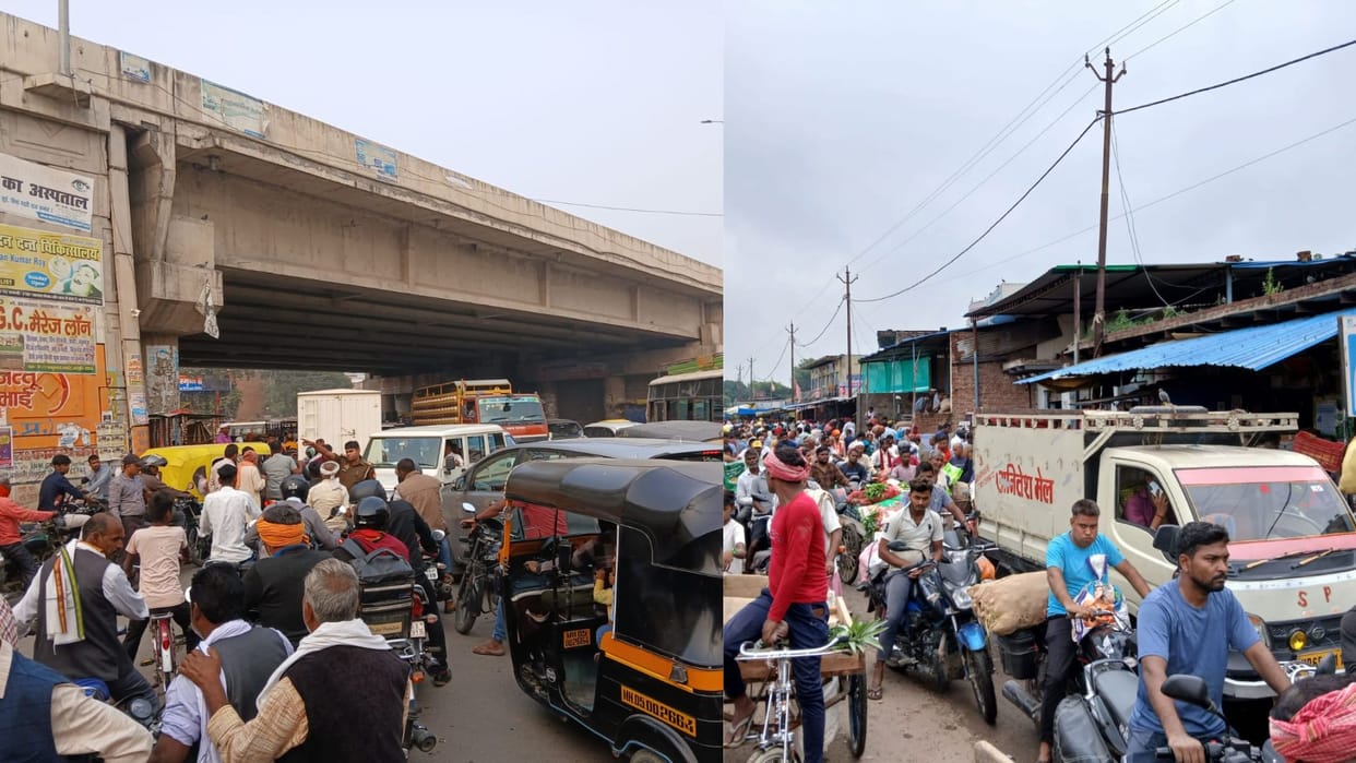 Encroachment under the underpass and shops on the divider in front of the vegetable market are causing traffic