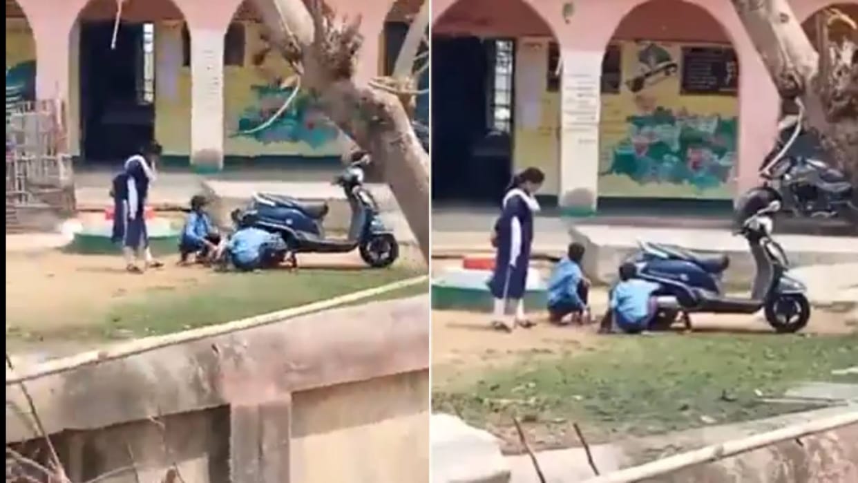 In the name of studies Bihar teacher made students clean the mud on her scooter Video goes viral on Internet
