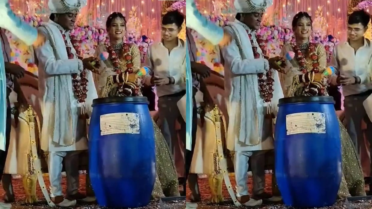 Friends gifted a blue drum to the bride at the wedding the groom got stunned Video goes viral