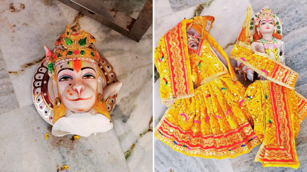 Idols of deities broken trident uprooted and devotees chased away police force deployed