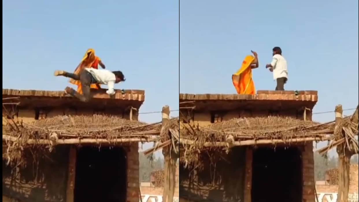While fighting with each other the wife threw the husband down from the roof Video goes viral on Internet