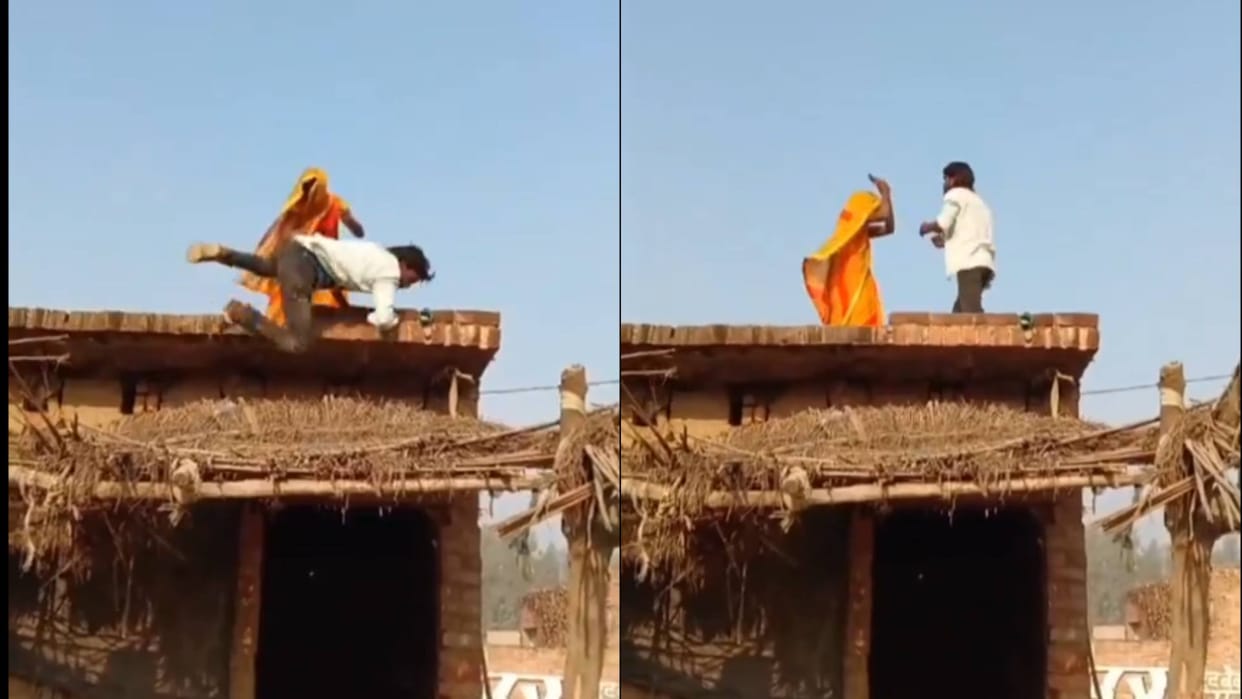 While fighting with each other the wife threw the husband down from the roof Video goes viral on Internet