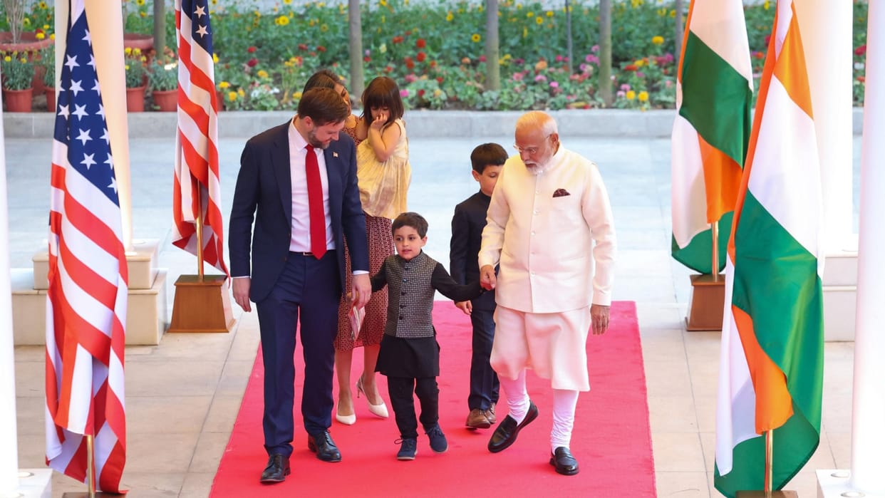 PM Modi welcomes US Vice President JD Vance and Usha Vance to his official residence at Lok Kalyan Marg