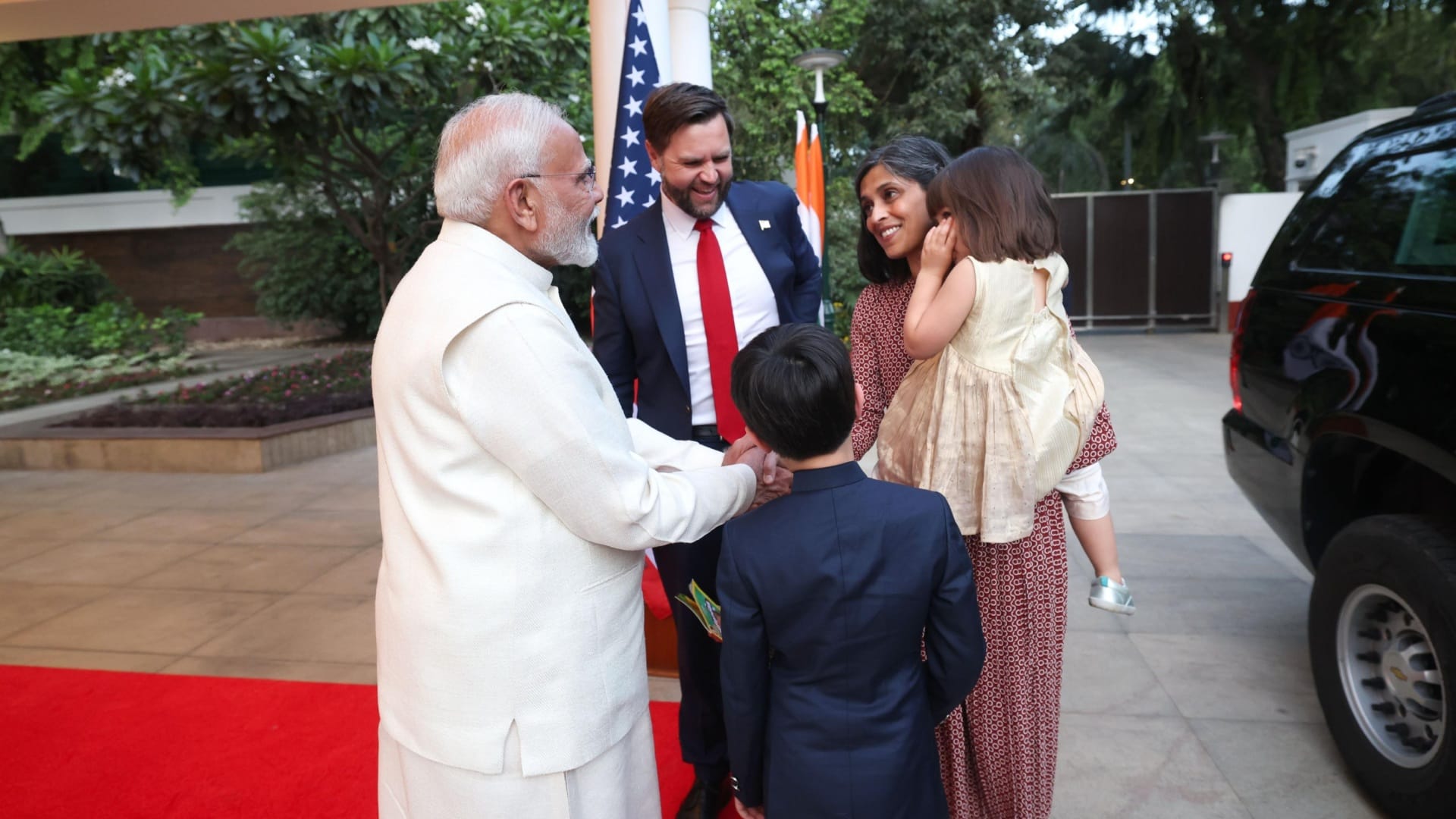PM Modi welcomes US Vice President JD Vance and Usha Vance to his official residence at Lok Kalyan Marg