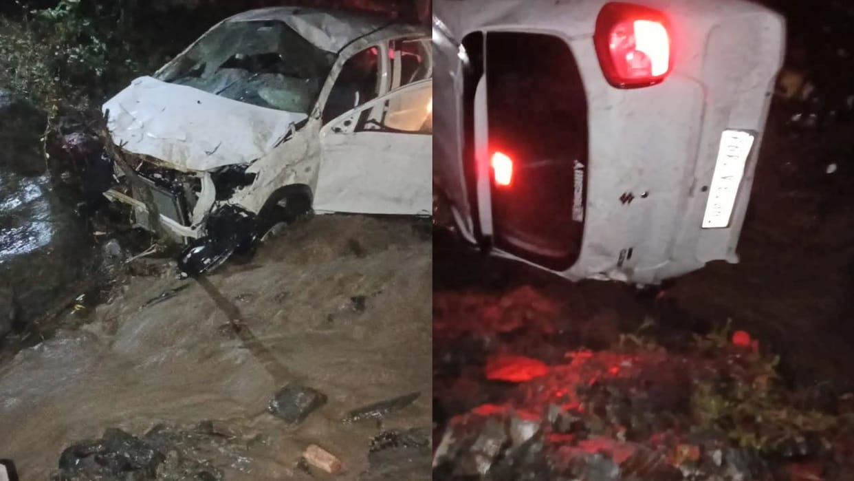 Car of a family returning from a wedding ceremony falls into a 60 meter deep drain, one dead; seven injured