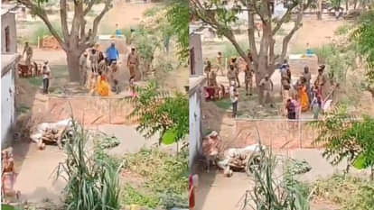 पुलिस और स्थानीय लोगों के बीच बहस होते हुए