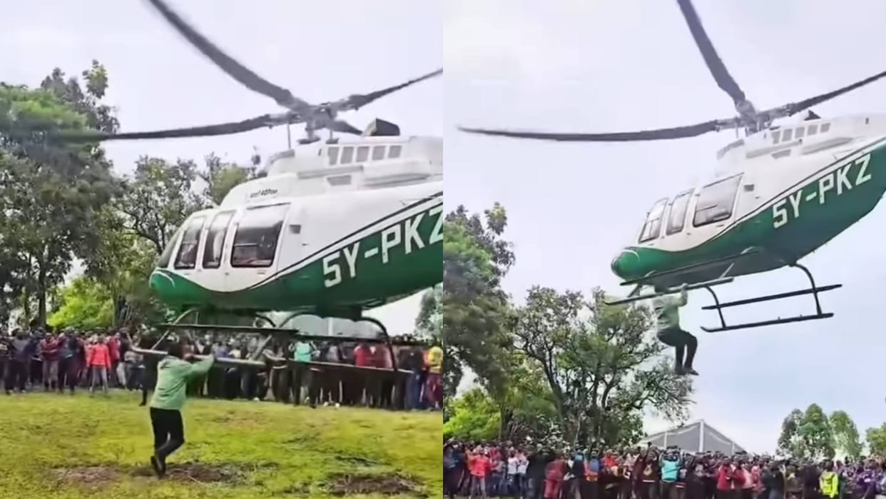 A helicopter came for the groom at the wedding as soon as it took off the man got stuck Video goes viral