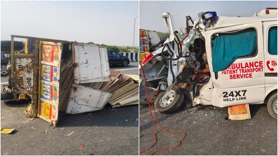 Accident near Bhojpur toll plaza on Delhi-Meerut Expressway mini truck and ambulance collide father and son di