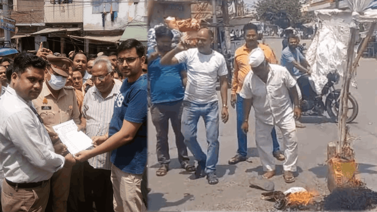 Strong protest by traders against terrorism in Pilkhuwa