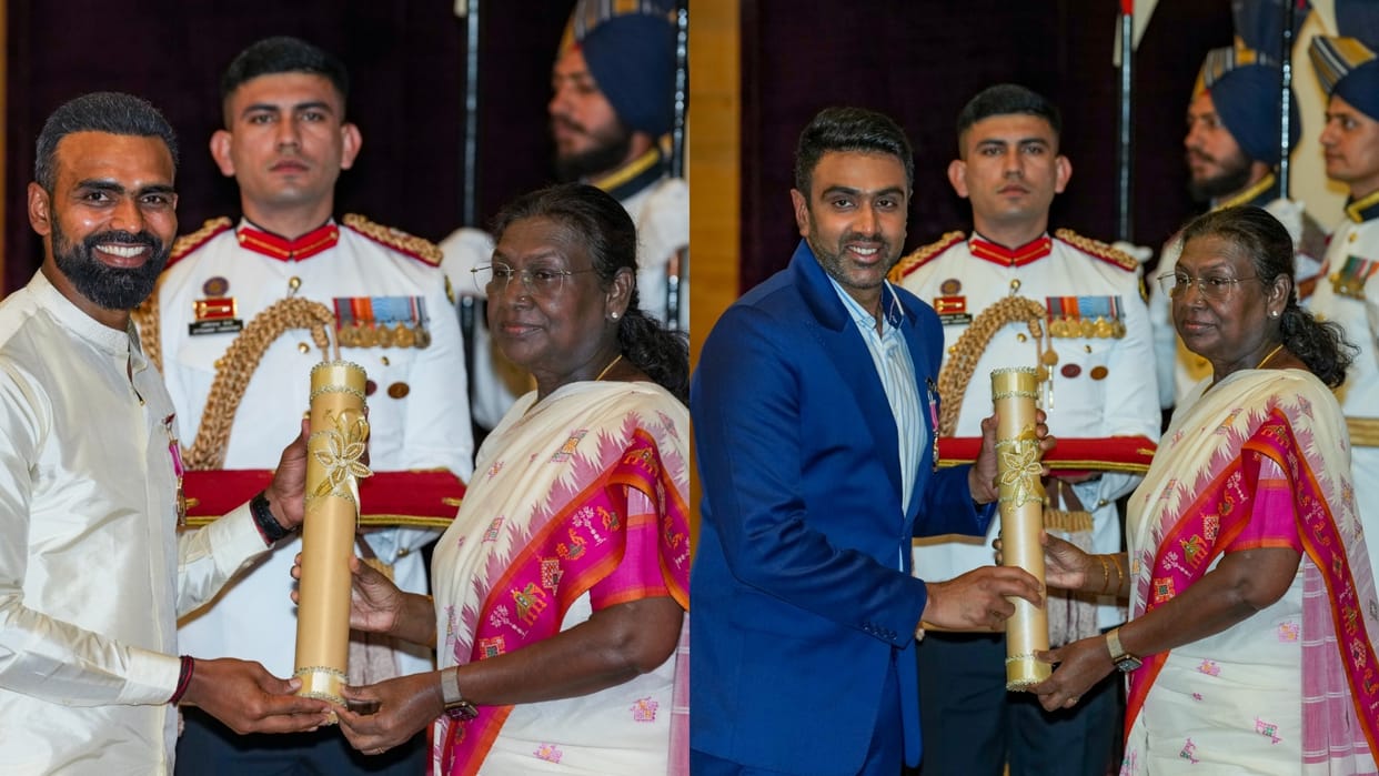 PR Sreejesh receives Padma Bhushan and Ravichandran Ashwin gets Padmashree award from President Droupadi Murmu