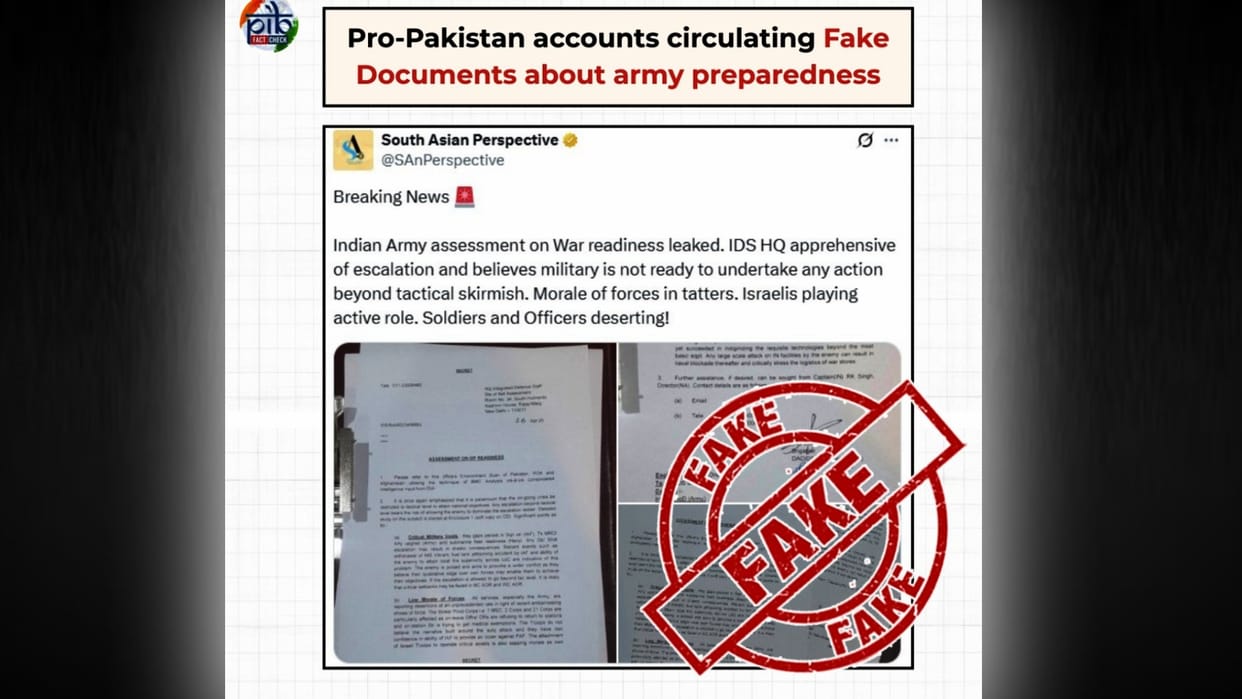 Pro-Pak social media accounts falsely claiming docs on Indian Army's preparedness leaked: PIB