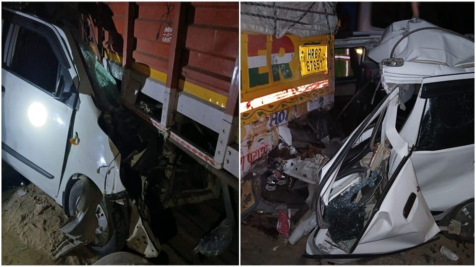 Speed havoc: Car got stuck under a canter on Yamuna Expressway policemen badly trapped