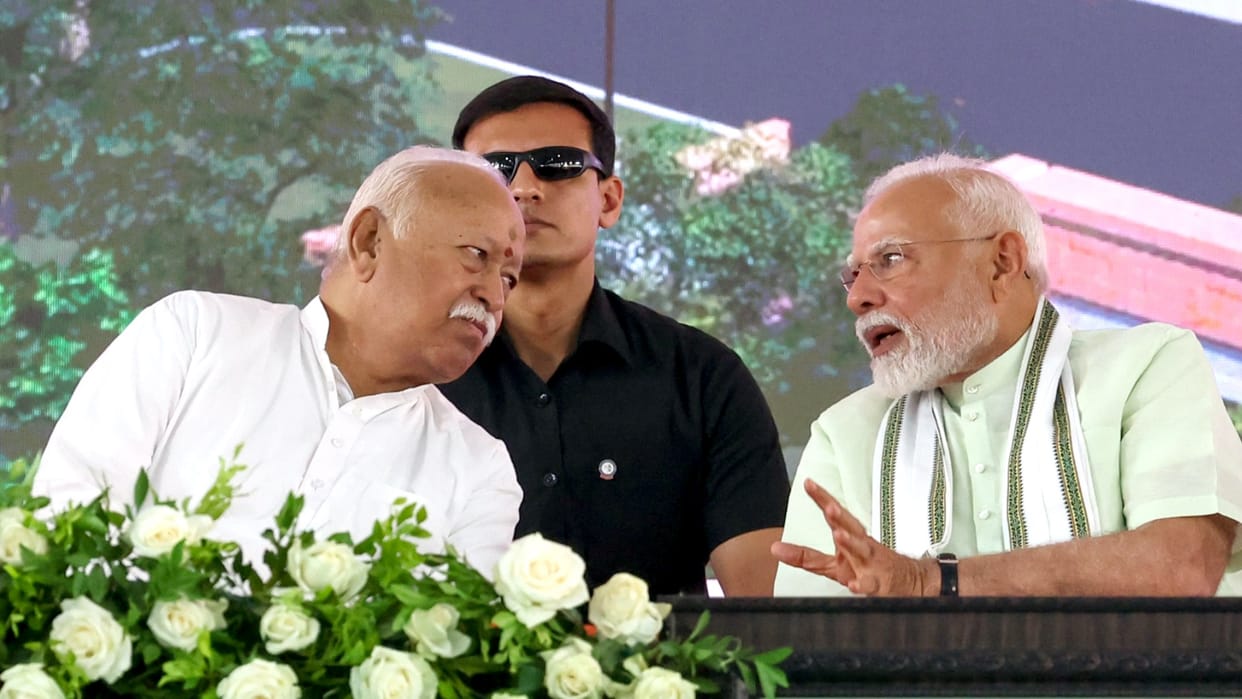 RSS chief Mohan Bhagwat meets Prime Minister Narendra Modi at his residence,