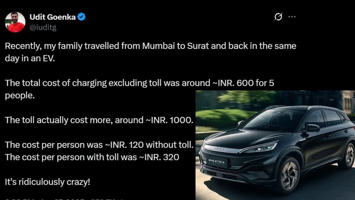 man returns to mumbai after reaching surat from electric suv in rs 600 paid 1000 for toll share incident on x