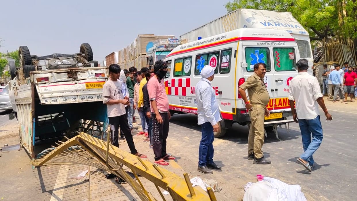 Tragic accident on Gwalior highway Container hits auto two including a woman die five in critical condition