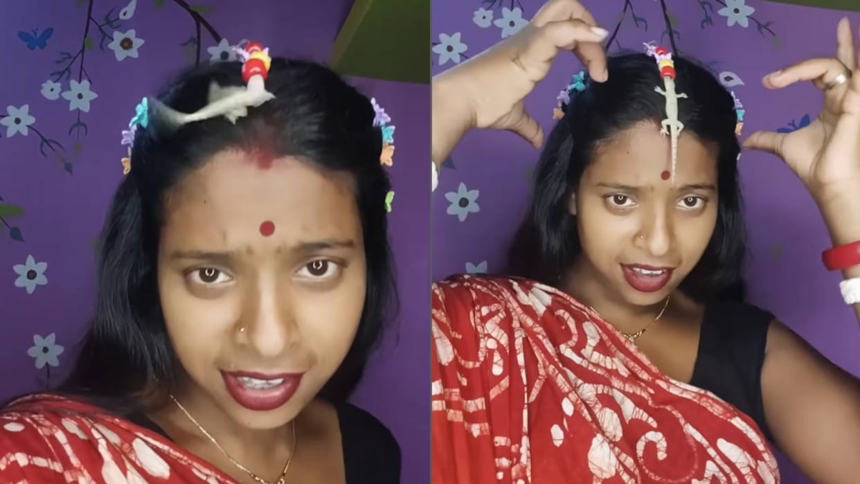 Girl tied a live lizard on her head to make a maang tika Video goes viral on Internet in Hindi