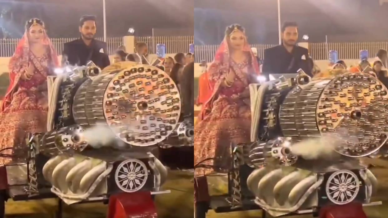 The bride and groom entered the wedding sitting on a machine gun from the movie Animal Video goes viral