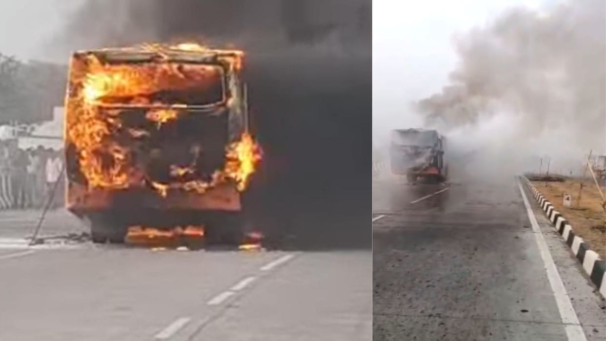 bus fire out in varanasi 45 passengers saved lives by jumping coming from Azamgarh