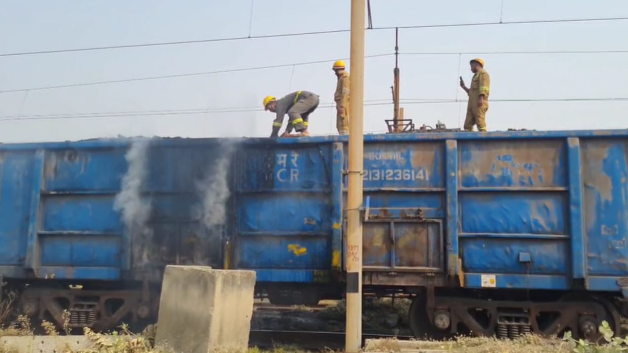 Fire broke out in the bogie of a coal laden goods train parked in the yard brought under control after seven