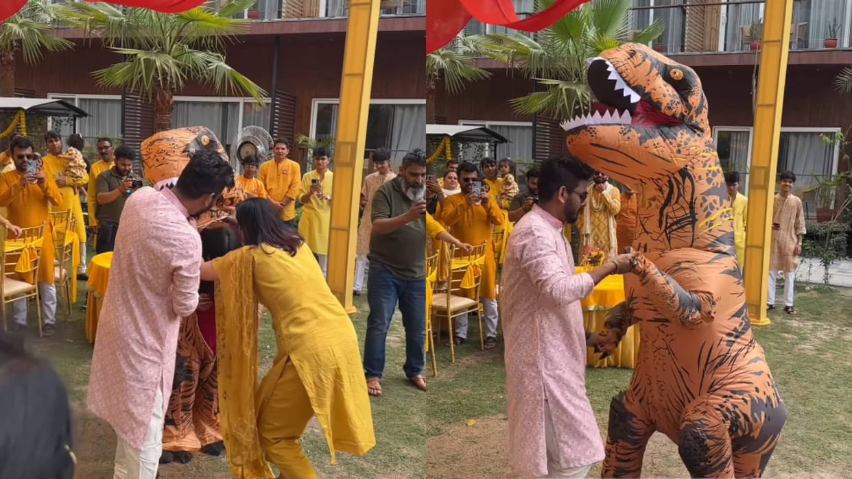 The bride entered as a dinosaur the groom was stunned Video goes viral on Internet in Hindi