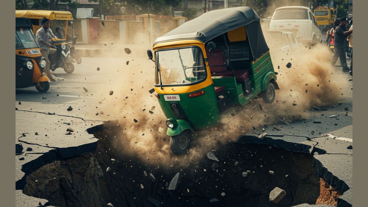 small pothole on road can sink a vehicle completely do not drive over them Ahmedabad auto rickshaw accident