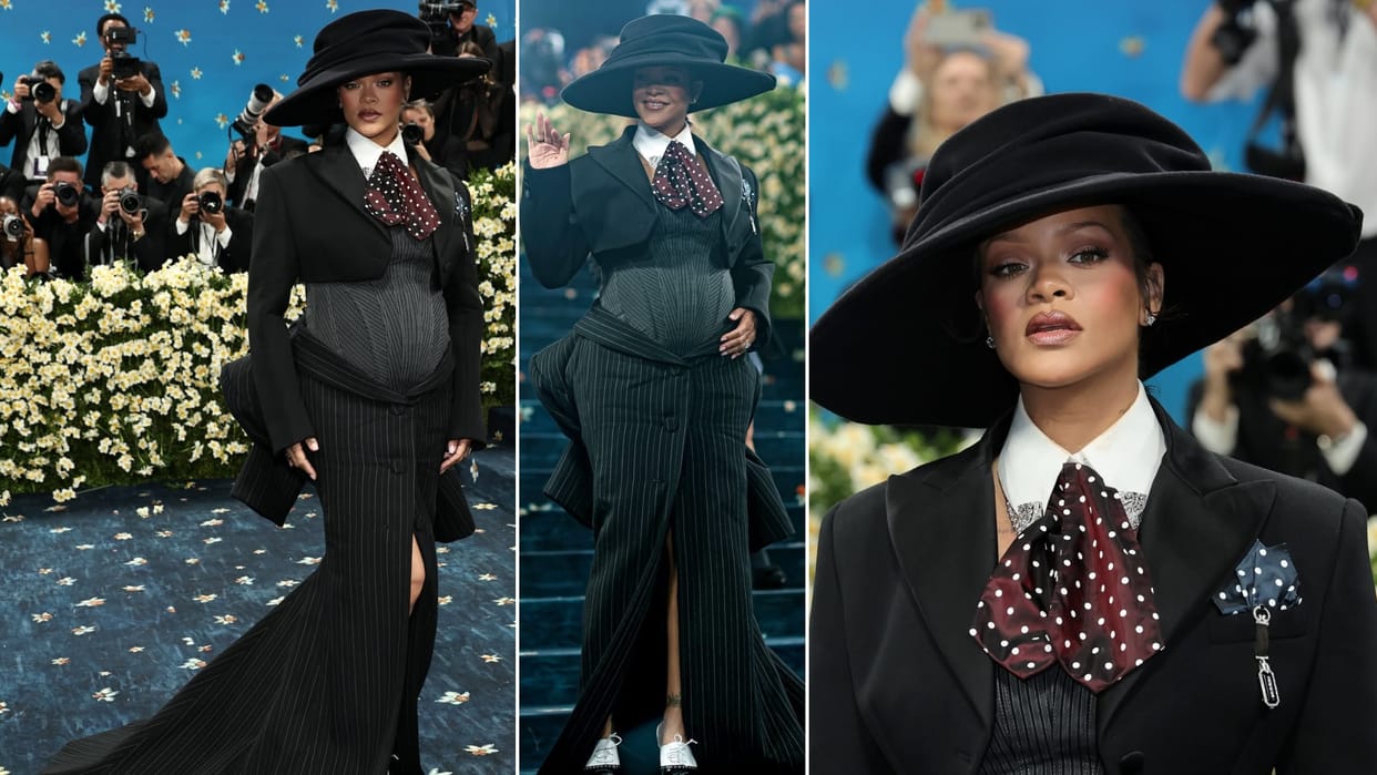 Rihanna reveals her baby bump she is expecting third child with A$AP Rocky at Met Gala 2025