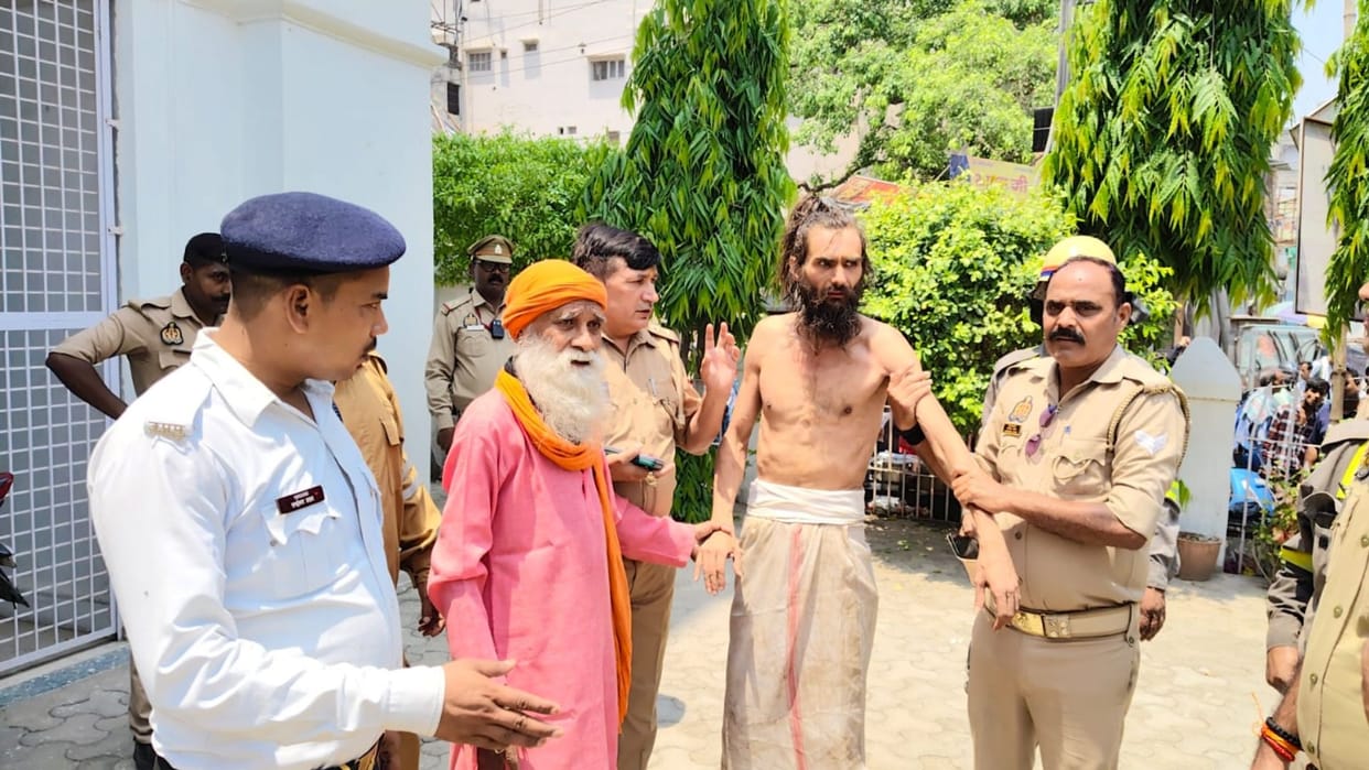 Foreign tourist climbed cathedral church in Varanasi