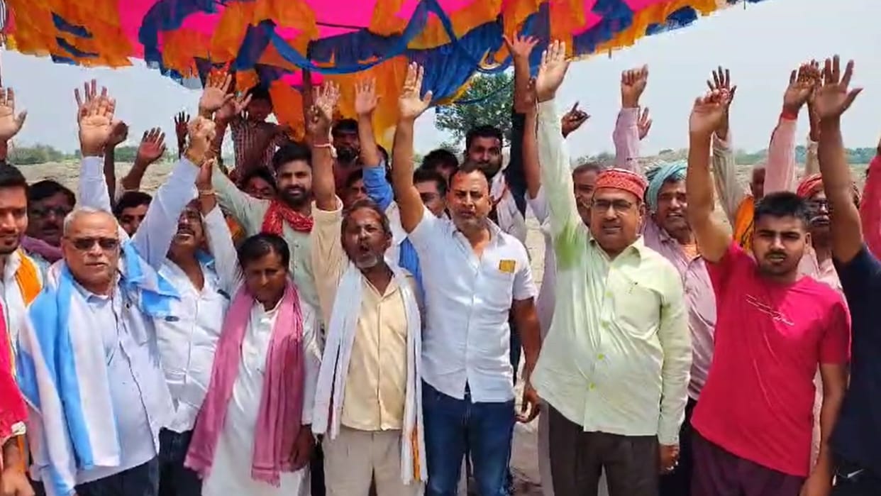 Villagers protest near the under-construction Greenfield Expressway
