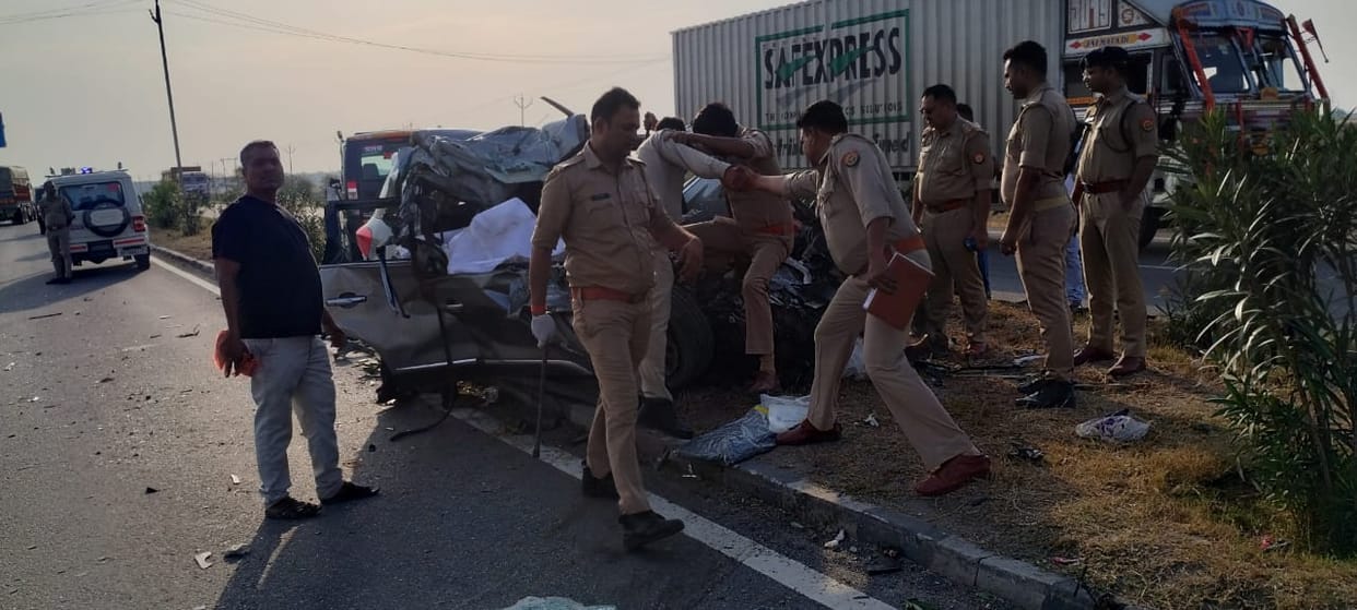 Orai Road Accident car broke divider and reached other side five died three injured in collision with truck