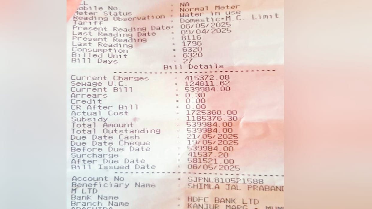 People in Himachal capital were given water bills of up to Rs 5 lakh, consumers are upset