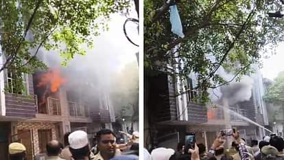 धू-धू कर जलती आग और उसे बुझाती फायर ब्रिगेड।