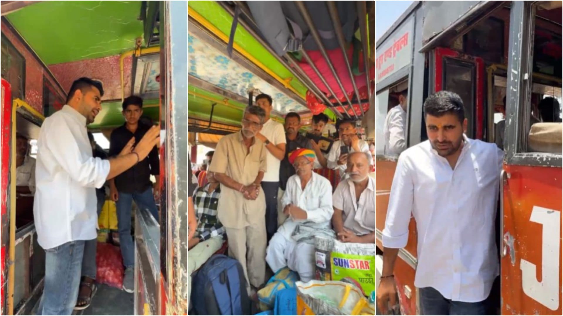 बस में ग्रामीणों से बातचीत करते विधायक रवींद्र भाटी