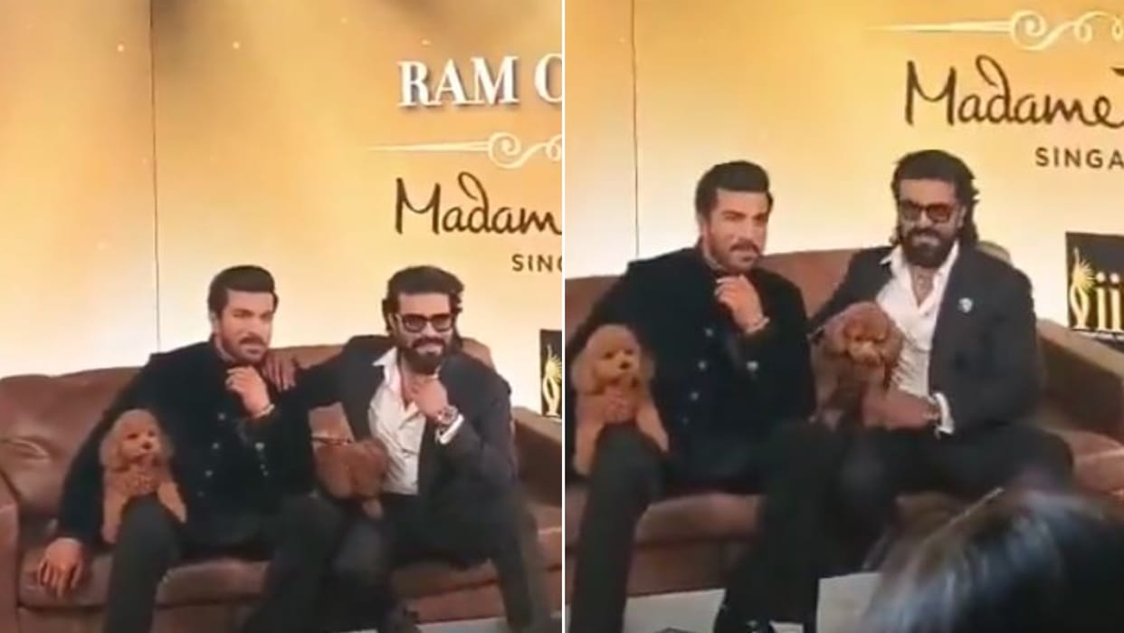 Ram Charan unveils his wax statue at Madame Tussauds Wax Museum in London with pet dog Rhyme