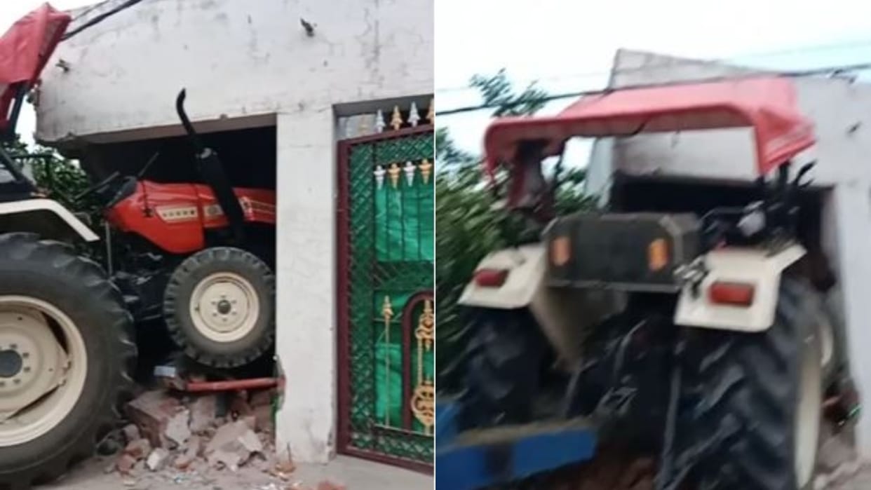 Tractor broke the electric pole and entered the house on the highway in shahjahanpur