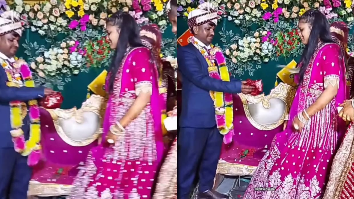 Brother in law joking with sister in law during jaimala as soon she opened gift the girl fainted video viral
