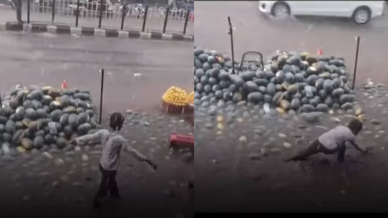 Due to heavy rain all the watermelons of the shopkeeper got washed away in the drain Video goes viral